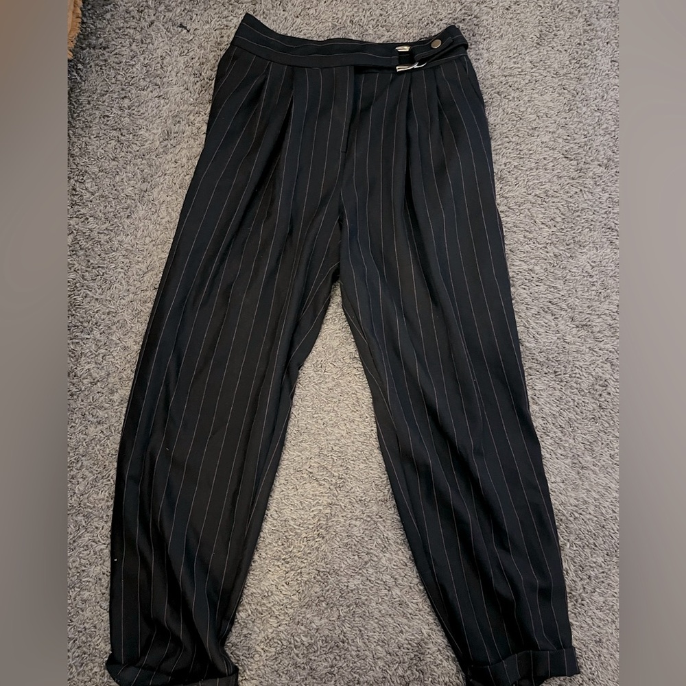 Topshop slacks with thin red stripes and silver buckle